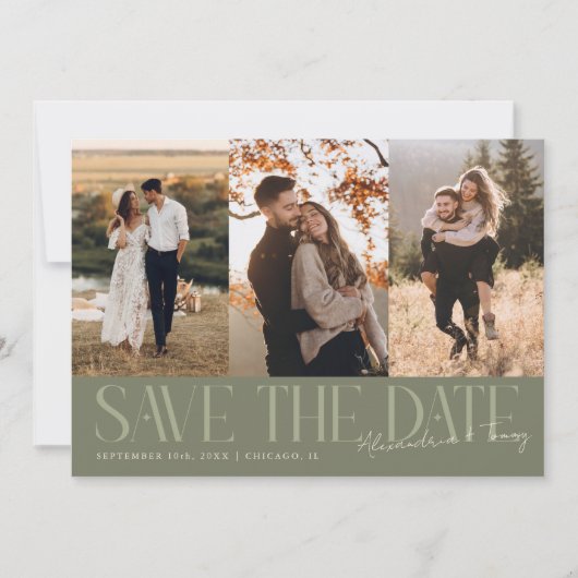 Modern Multi Photo Couple's Signature Sage Green Save The Date (Vorderseite)