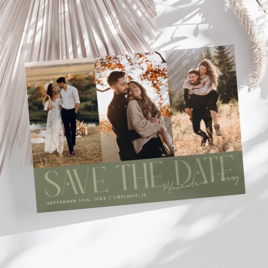 Modern Multi Photo Couple's Signature Sage Green Save The Date