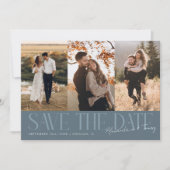 Modern Multi Photo Couple's Signature Slate Blue Save The Date (Vorderseite)