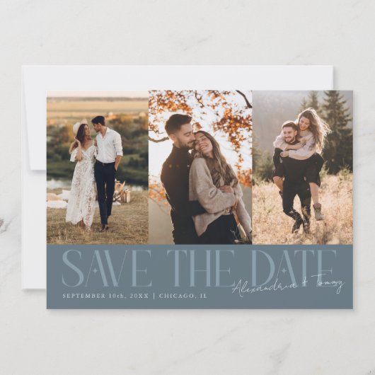Modern Multi Photo Couple's Signature Slate Blue Save The Date (Vorderseite)