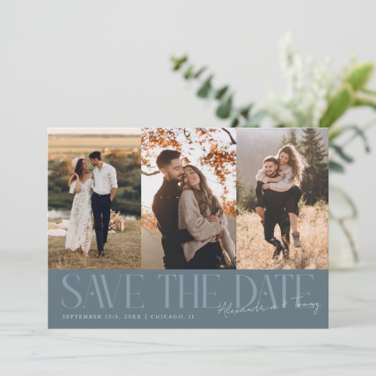 Modern Multi Photo Couple's Signature Slate Blue Save The Date (Stehend Vorderseite)