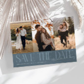 Modern Multi Photo Couple's Signature Slate Blue Save The Date