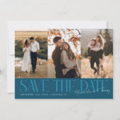 Modern Multi Photo Couple's Signature Teal Save The Date (Vorderseite)