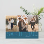 Modern Multi Photo Couple's Signature Teal Save The Date (Stehend Vorderseite)