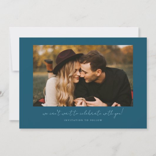 Modern Multi Photo Couple's Signature Teal Save The Date (Rückseite)