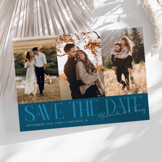 Modern Multi Photo Couple's Signature Teal Save The Date