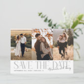 Modern Multi Photo Couple's Signature White Save The Date (Stehend Vorderseite)