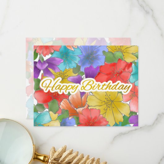 Modern Multicolor Floral Gold Happy Birthday Card Dankeskarte (Vorderseite/Rückseite Beispiel)