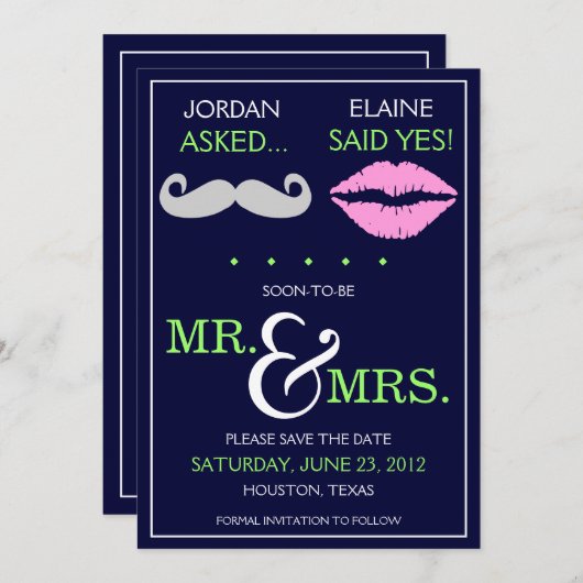 Modern Mustache Lips Mr & Mrs Save the Date (Vorne/Hinten)
