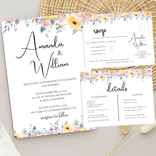 Modern Mustard Yellow and Lavender Floral Wedding Einladung