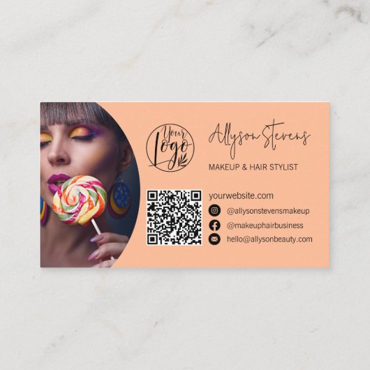 Modern name bold script makeup hair logo qr peach visitenkarte (Rückseite)