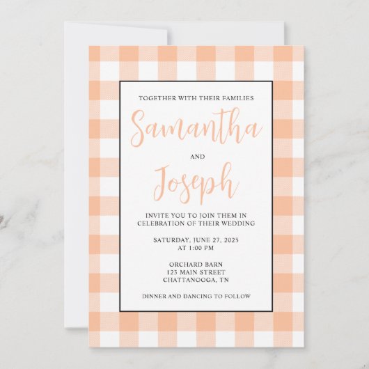 Modern Name Peach Gingham Country Wedding Einladung (Vorderseite)