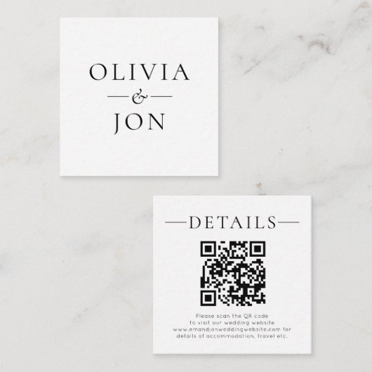 Modern Names QR Code Black White Wedding Details Begleitkarte (Vorne/Hinten)