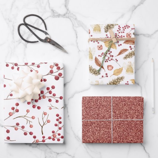 Modern Natural Red Berry Watercolor Geschenkpapier Set (Vorderseite)
