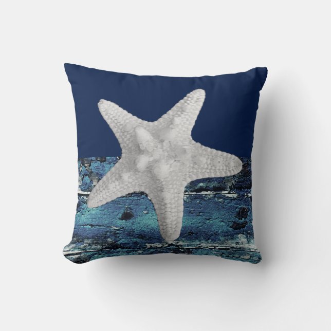 Modern Nautic Beach Navy Blue Starfish Kissen (Vorderseite)