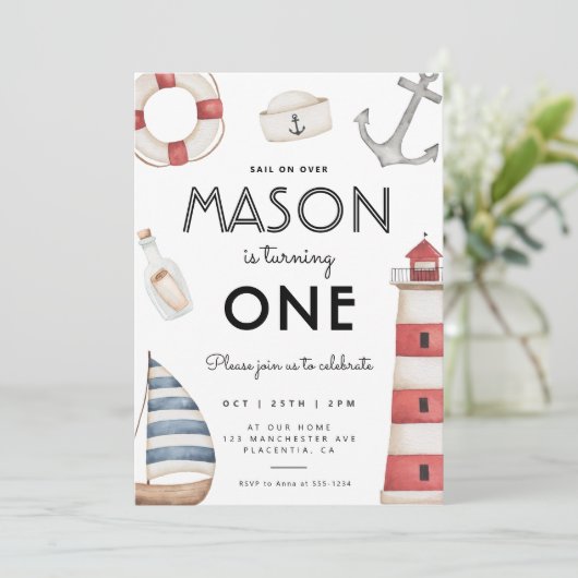 Modern Nautic Birthday Party Sailboat Einladung (Stehend Vorderseite)