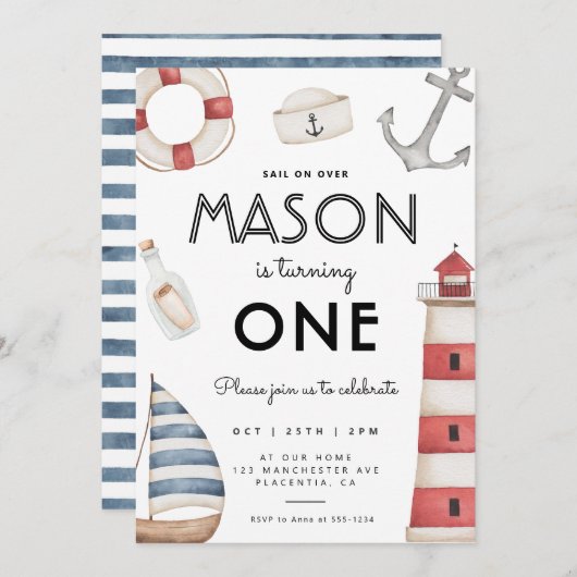 Modern Nautic Birthday Party Sailboat Einladung (Vorne/Hinten)