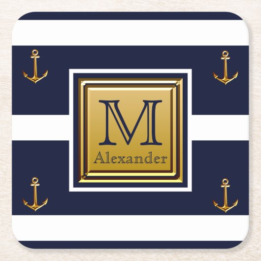 Modern Nautical Anchor Blue White Gold Monogram Rechteckiger Pappuntersetzer (Vorderseite)