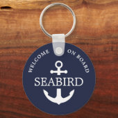Modern Nautical Anchor Boat Name White Navy Blue Schlüsselanhänger (Vorderseite)
