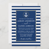 Modern Nautical Anchor Gold Blue Stripes Hochzeit Einladung (Vorderseite)