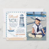 Modern Nautical Blue Boy 1. Geburtstag Foto Dankeskarte (Vorderseite)