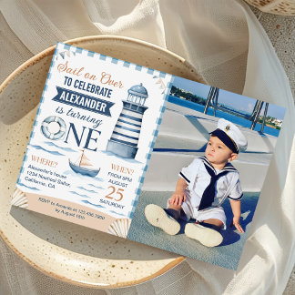 Modern Nautical Blue Boy 1. Geburtstag Foto Einladung