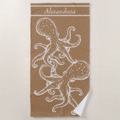 Modern Nautical White Octopus ocean Tan Strandtuch (Vorderseite)