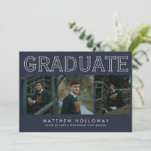 Modern Navy 3 Photo Graduation Announcement  Einladung (Stehend Vorderseite)