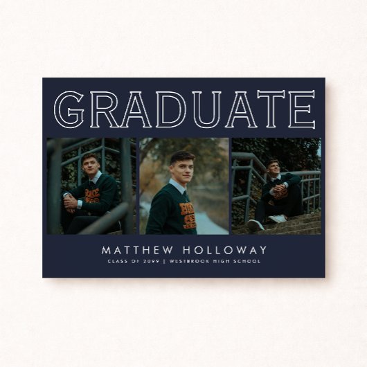 Modern Navy 3 Photo Graduation Announcement  Einladung