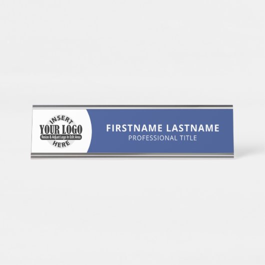 Modern Navy Blau und Weiß - Logo hinzufügen, Name, Schreibtischnamensplakette (Vorderseite )