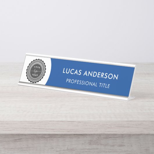 Modern Navy Blau und Weiß - Logo hinzufügen, Name, Schreibtischnamensplakette (Vorderseite )