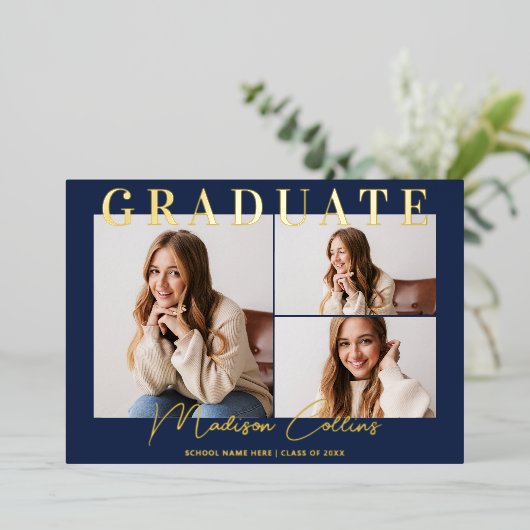 Modern Navy Blue 3 Foto Abschluss Gold Folieneinladung (Stehend vorne)