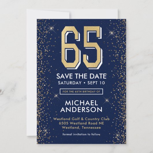 Modern Navy Blue 65. Geburtstag Save The Date (Vorderseite)