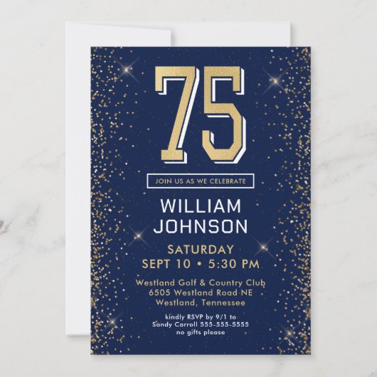 Modern Navy Blue 75. Geburtstag Einladung (Vorderseite)