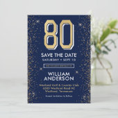 Modern Navy Blue 80. Geburtstag Save The Date (Stehend Vorderseite)