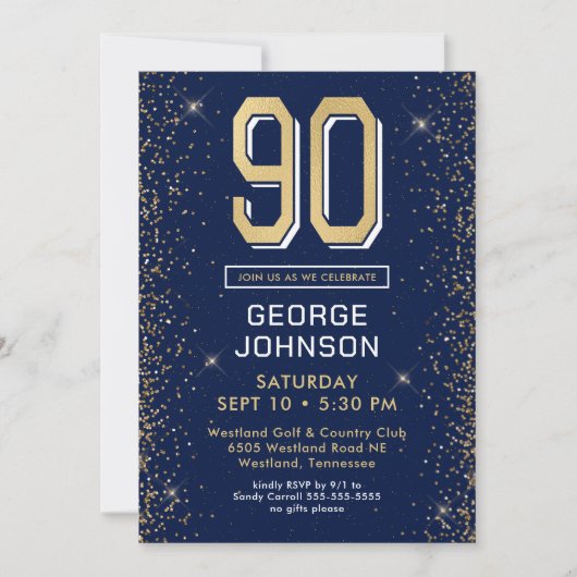 Modern Navy Blue 90. Geburtstag Einladung (Vorderseite)