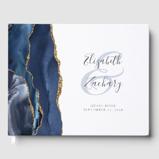 Modern Navy Blue Agate Gold Script Gästebuch (Vorderseite)