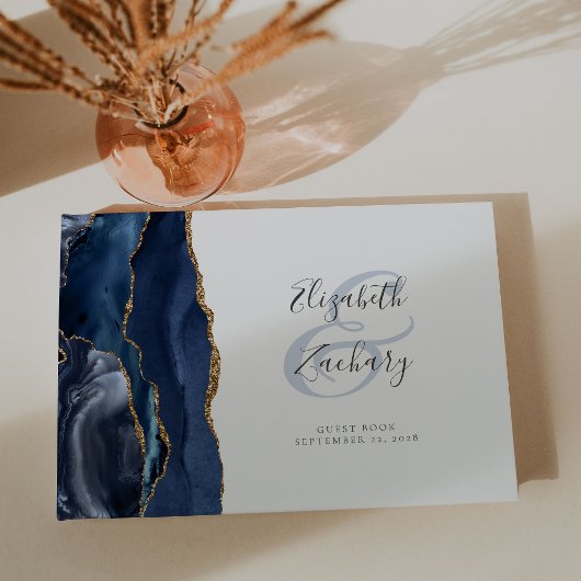 Modern Navy Blue Agate Gold Script Gästebuch