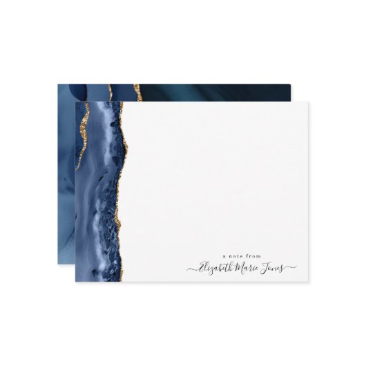 Modern Navy Blue Agate Marble Gemstone Script Name Mitteilungskarte (Vorderseite/Rückseite Beispiel)