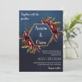 modern navy blue and burgundy wedding invitations einladung (Stehend Vorderseite)