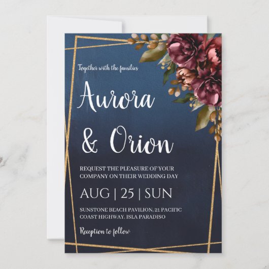 modern navy blue and burgundy wedding invitations einladung (Vorderseite)