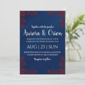modern navy blue and burgundy wedding invitations einladung (Stehend Vorderseite)