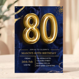 Modern Navy Blue and Gold 80th Birthday Invitation Einladung