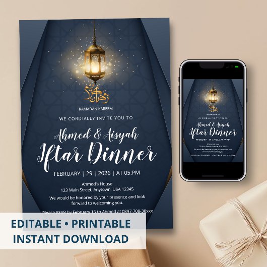 Modern Navy Blue and Gold Glowing Lantern Iftar Einladung