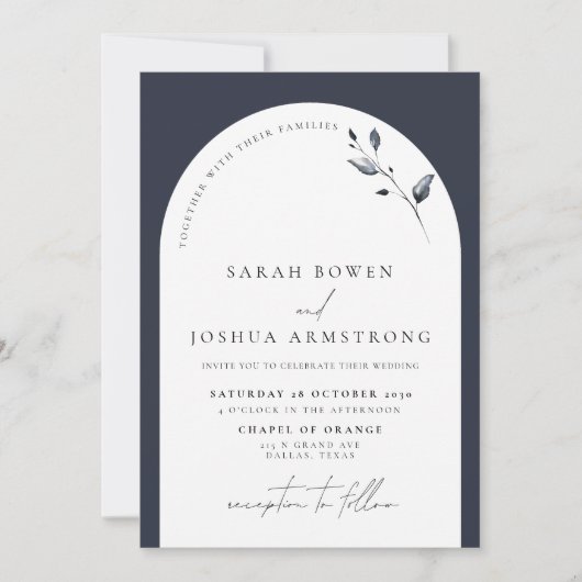 Modern Navy Blue Arch Botanical Script Wedding Inv Einladung (Vorderseite)