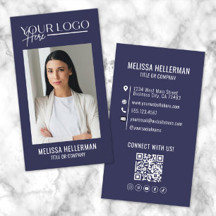 Modern Navy Blue Beruflich QR Code Foto Logo Visitenkarte