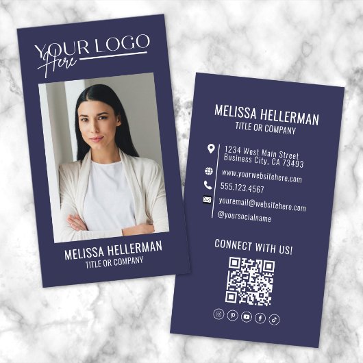Modern Navy Blue Beruflich QR Code Foto Logo Visitenkarte