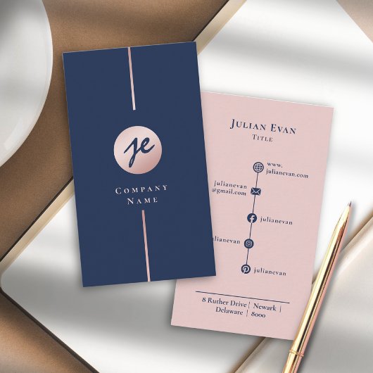 Modern Navy Blue & Blush Pink Rose Gold Monogram Visitenkarte