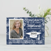 Modern Navy Blue Bokeh Bubbles Foto Abschluss Einladung (Stehend Vorderseite)