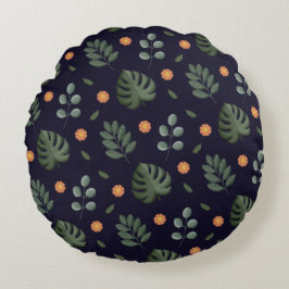 Modern Navy Blue Botanical Leaf Round Pillow Rundes Kissen